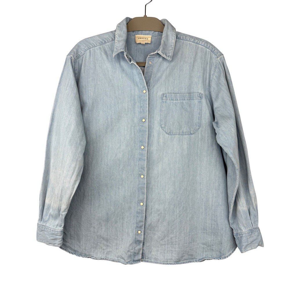 SEZANE Light Wash Denim Chambray Button Down Max Shirt Size 38 Medium - Picture 3 of 8